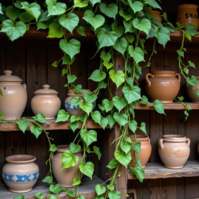 old ceramic pots on wooden shelves slowly being covered by delicate green vines in a quiet garden shed, Generative AI